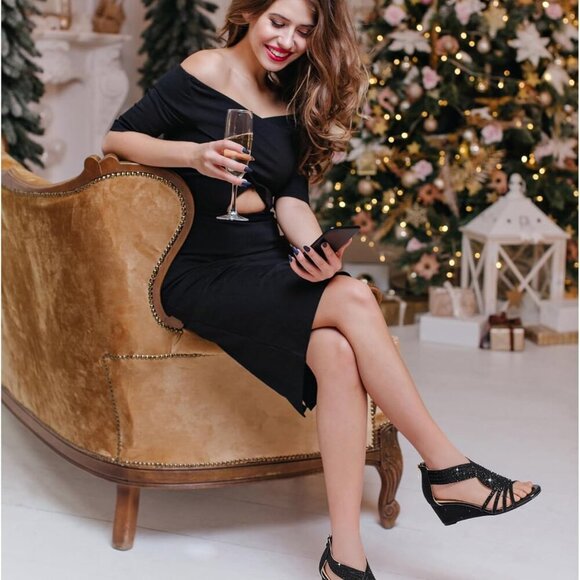 Women Wedge Sandals Sparkly Rhinestone Open Toe Dressy Evening Shoes - Picture 3 of 7